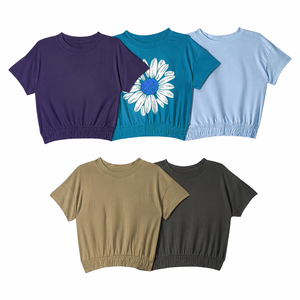 Womens Elastic Hem <b>Crop</b> T Shirt Casual Short Sleeve Round Neck Summer Tee Soft Cotton Blend <b>Top</b> - Product Image 4