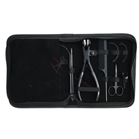 Kit complet d'outils pour extensions capillaires : crochet de tirage, pinces pour extensions adhésives, peigne à queue, aiguilles courbées, outil de retrait de micro-perles, pince à sertir
