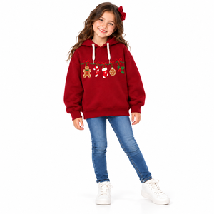 Sweat-shirt à capuche rouge de Noël pour filles, motif pain d'épices et houx, pull pour enfants, vente en gros, OEM ODM - Product Image 1