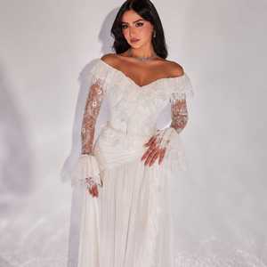 <b>White</b> Off-Shoulder Lace Floor-Length A-Line <b>Evening</b> <b>Gown</b> Sheer Sleeves Ruffled Cuffs Draped Pleated Skirt Bridal Inspired - Product Image 6