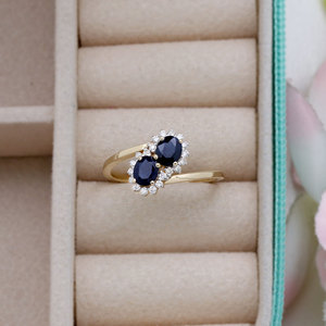 Anillo de Oro Amarillo de 14K con Zafiro Azul Ovalado Tallado Toi Et Moi, Halo de Diamantes, Joyería Fina de Lujo, Venta al por Mayor, Gema, Regalo para Mujer, Fiesta - Product Image 5