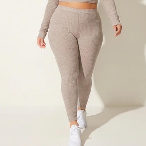 Leggings tricotés taille haute pleine longueur couleur unie extensibles grande taille pour femme, pantalon de yoga et d'entraînement sans couture en Spandex et Nylon - Product Image 1