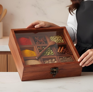 Premium Handcrafted Wooden Prism <b>Masala</b> <b>Box</b> Spoon | 9-Compartment Eco-Friendly Dishwasher Safe Spice <b>Box</b> - Product Image 3