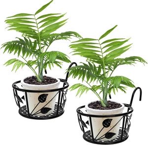 Decorative Black Iron Flower Pot Basket with Leaf Embellishment Balcony <b>Railing</b> Mount Garden Plant Holder for Outdoor Patio Home - Product Image 1