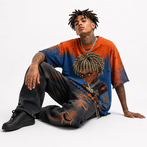 T-shirt Homme Oversize Orange Bleu Tie-Dye Manches Courtes Col Rond Imprimé Personnage Style Urbain Coupe Jersey Longueur Standard - Product Image 6
