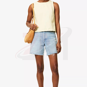 Shorts de Mezclilla Azul Claro para Mujer, Cintura Media, Corte Regular, Dobladillo Deshilachado, Estilo Casual de Verano con Detalles de Agujeros - Product Image 1