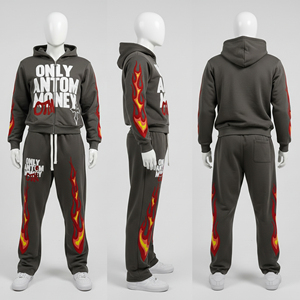 Ensemble de survêtement décontracté pour homme, taille plus, hiver, marron imprimé, 100% coton, respirant, séchage rapide, léger, sweat à capuche zippé et pantalon - Product Image 1