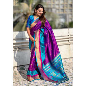 Sari en soie Paithani violette Elite Weaves avec bordure en satin Muniya, élégant, protection solaire, vêtements indiens et pakistanais - Product Image 5