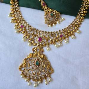 South Indian Bridal Wedding Jewelry Set-Gold Plated Zircon & Ruby Necklace and Earring Set - Product Image 4