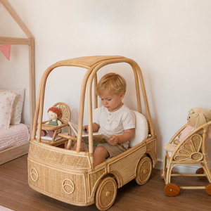 Eco Friendly Handwoven Rattan Children Buggy <b>Car</b> Cute Vehicle Shape Wicker <b>Toy</b> Push <b>Car</b> Walker Vietnam Wholesale - Product Image 1