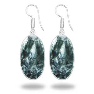 Boucles d'oreilles pendantes élégantes en argent plaqué, avec pierres précieuses de séraphinite, style indien antique, vente en gros - Product Image 4