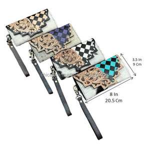 Nouveauté : Pochette à main pour femme en cuir de vachette véritable, style western, à motifs à carreaux, avec porte-cartes et dragonne - Product Image 2