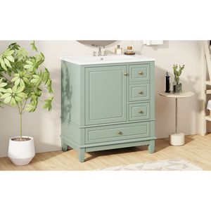 <b>Light</b> Green 30\" Bathroom <b>Vanity</b> with Sink One Door and Shelf Three Soft Close Drawers - Product Image 1