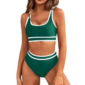 Women's <b>2</b>-<b>Piece</b> Sporty Swim <b>Set</b> O-Neck Sleeveless High Waist Shorts Green <b>White</b> Stripe Spandex Nylon Quick Dry Summer Wear - Product Image 1