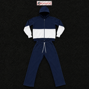 Navy Blue <b>White</b> Color Block Tracksuit <b>Men</b> Full Zip Hoodie With Matching <b>Jogger</b> Pants Premium Two Piece Sports Set Modern Casual - Product Image 5