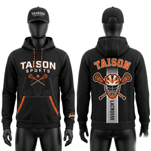 Premium 320 GSM cotton polyester <b>fleece</b> lacrosse hoodie <b>black</b> orange contrast panel sublimation and embroidery custom logo - Product Image 1