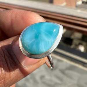 Natural Dominican Blue Larimar <b>Ring</b> 925 Sterling Silver Handmade Pear Shape Ocean Stone Jewelry Elegant Gift For Her - Product Image 3