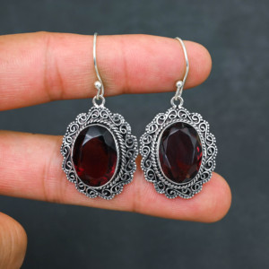 Customised <b>Red</b> Garnet LAB-CREATED 925 Sterling Silver <b>Earrings</b> 1.9" Handmade Gemstone Jewelry Antique Fine <b>Earring</b> Gift for Wome - Product Image 4