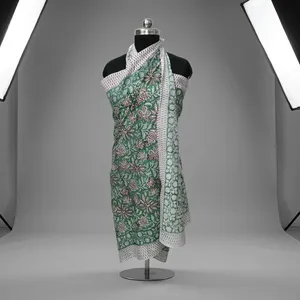 Hand Block Printed Cotton <b>Sarong</b> Green Floral Beach Wrap Scarf Lightweight Summer Cover Up for Women Resort Travel Wear - Product Image 1