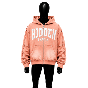 เสื้อฮู้ดแฟชั่นพีชลายปัก "HIDDEN TRUTH" แบบสั่งทำพิเศษสำหรับผู้ชาย ทรงโอเวอร์ไซส์ มีซิปด้านหน้า กระเป๋าเสื้อแบบมีซิป ผ้าฝ้ายเฟรนช์เทอร์รี่ ใส่สบาย เหมาะสำหรับฤดูหนาว - Product Image 1