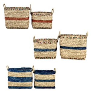 BANDED STRIPE <b>Large</b> Wicker Laundry <b>Basket</b> Seagrass Herringbone <b>Basket</b> Laundry Bin With Seagrass/PU Handles Clothes Organizer - Product Image 1
