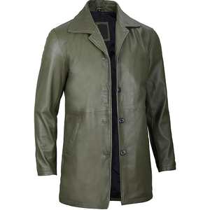 SHARISSA INTERNATIONAL Manteau long en cuir véritable pour homme, col roulé, manches classiques, couleur unie, vert olive, vêtement d'extérieur - Product Image 6