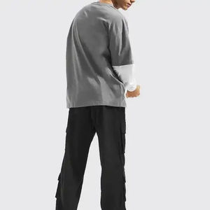เสื้อยืดคอกลมแขนยาวทรงโอเวอร์ไซส์สำหรับผู้ชาย สีพื้น แต่งขอบตัดกัน สไตล์ลำลอง ผ้าฝ้ายถัก 100% ทรงพอดีตัว - Product Image 2
