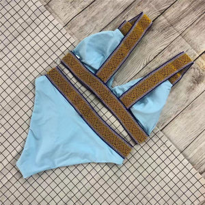 Women's Light Blue Bikini Set <b>Crossed</b> Halter <b>Top</b> High Waist Bottom Contrast Binding Spandex Polyester Stretch Swimwear - Product Image 2