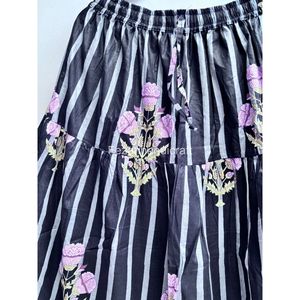 Jupe trapèze rayée à imprimé floral pour femme, taille élastique, volants, longueur genou, style Prairie Chic, 100 % coton, tissu mousseline - Product Image 5
