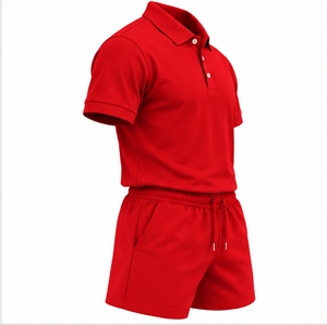 Conjunto de Camiseta Polo y Pantalones Cortos Rojos para Hombre, Manga Corta, Color Sólido, Casual, Transpirable, 2 Piezas - Product Image 5