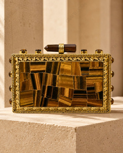 Pochette en pierre précieuse œil de tigre doré |   Minaudière artisanale ornée de fleurs en pierre naturelle |   Sac de soirée de luxe pour mariée - Product Image 2