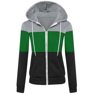 Sweat-shirt pour femme à capuche zippé, color-block, doublé polaire, respirant, à manches longues, en coton tissé, décontracté, pour l'hiver - Product Image 2
