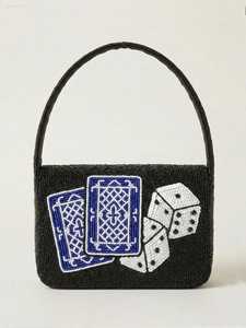 Handmade Washable Rectangular Handbag with Polyester Embroidery Glass Beads Dice & Cards Pattern - Product Image 4