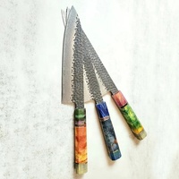 Set Pisau Koki Industri 3-Piece Baja Karbon Damascus Buatan Tangan Ahmad Fabric dengan Sarung Kulit OEM Berkualitas Tinggi Dapat Disesuaikan