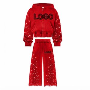 Wholesale Custom Men's <b>Red</b> Tracksuits Sets With <b>Glitter</b> Dot Print Hooded Zipper Sweatshirts And Loose Pants Casual Winter Wear - Product Image 1