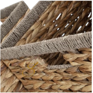Set of 2 Square Water Hyacinth <b>Storage</b> <b>Baskets</b> with Grey <b>Rope</b> Border - Product Image 3