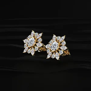 Round and Marquise <b>Cluster</b> Diamond Earring <b>Light</b> Weight Diamond Earrings Tiny Design Diamond Earrings From Indian Supplier - Product Image 4