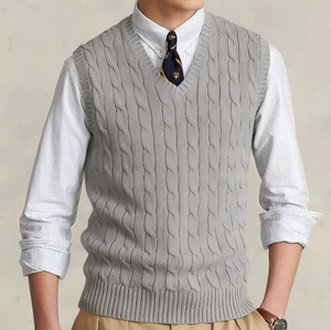 Gilet sans manches en tricot gris pour homme, couleur unie, col en V, tricot torsadé, vêtement d'automne, coupe classique, 100% acrylique - Product Image 1
