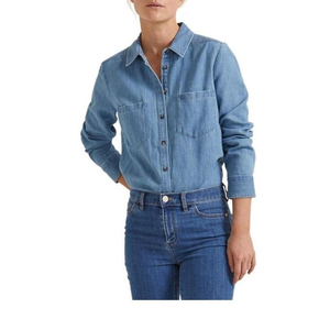 Chemise en jean pour femme à manches longues, col rabattu, couleur unie, haut décontracté avec poches, pour le printemps - Product Image 1
