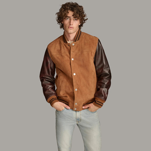 Men's Brown <b>Suede</b> Varsity <b>Jacket</b> With Leather Sleeves Button Closure Casual Wear Street Fashion <b>Jackets</b> - Product Image 1