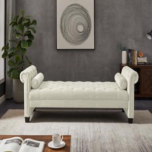 Ivory Velvet Rectangular Sofa Bench with Solid Wood Legs & Attached Cylindrical Pillows for Living Room - Product Image 1