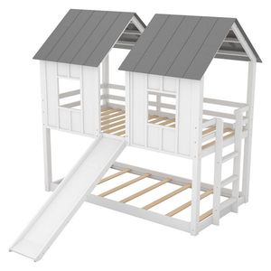 Letto a castello a forma di casa in legno massello con due letti singoli, finestre scorrevoli, bianco, per cameretta dei bambini, uso palestra, letto a soppalco per bambini con contenitore - Product Image 5