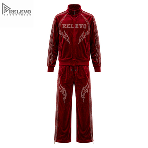 Custom Rhinestone Decor Velvet Lightweight <b>Tracksuit</b> High Quality Full Zip Jacket Wide Leg <b>Velour</b> Sweatpants Adults Solid Front - Product Image 1