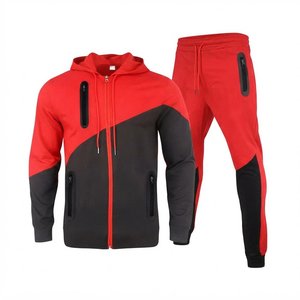 Most Demanding Custom Logo Men's <b>Red</b> Black Color Blocking Hooded Tracksuit Set Knitted Cotton Casual Autumn Wear Activewear Sets - Product Image 1
