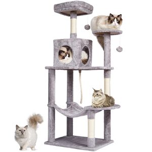 56.2\" Indoor <b>Cat</b> <b>Tree</b> Tower with Sisal <b>Scratching</b> Post Hammock Top Perch Jumping Platforms Large Condo for <b>Cats</b> - Product Image 1