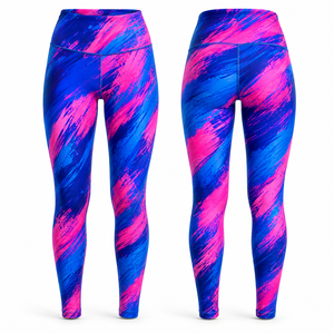 Leggings de yoga taille haute à découpes et surpiqûres contrastées en Spandex/Nylon, longueur intégrale, imprimé par sublimation bleu rose, extensibles dans les quatre sens - Product Image 1