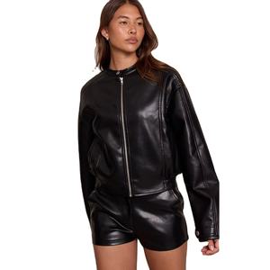 Veste en cuir pour femme avec fermeture éclair, poches, style décontracté, ample, respirante, tricotée, unie, teinte unie - Product Image 1