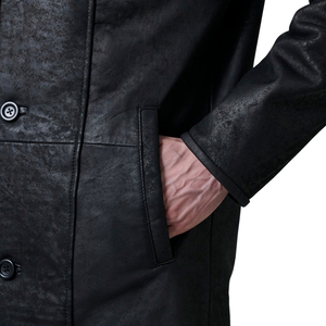 Men's Genuine <b>Leather</b> Double Breasted Fur Collar Trench <b>Coat</b> Notched Lapel Knee Length Overcoat - Product Image 5