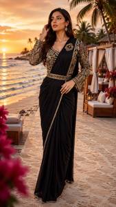 Sari en soie douce jaune moutarde élégant avec chemisier brodé pour femme, style Inde Pakistan, longueur ras du sol, pour mariage et fête - Product Image 3
