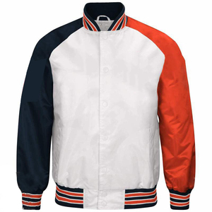 <b>Men's</b> <b>White</b> Red Navy Woolen Varsity <b>Jacket</b> Breathable Winter Stand Collar Covered Button Closure Ribbed Cuffs & Hem Custom Logo - Product Image 1